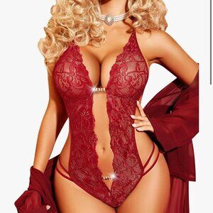 Lace teddysuit body suit, Deep V. - wine red color - NWT